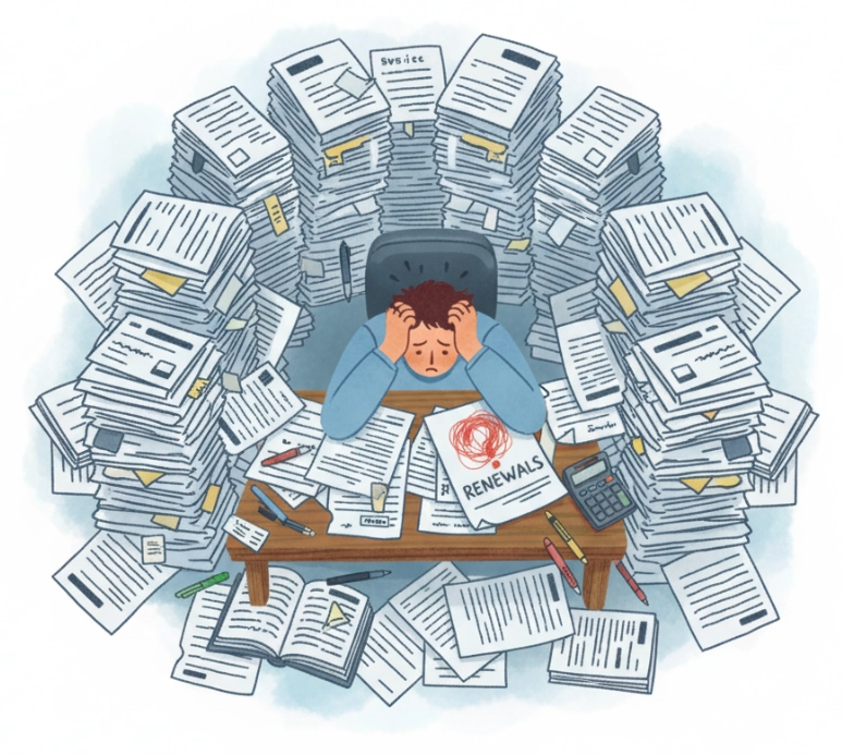 Staff member surrounded with invoices and paperwork